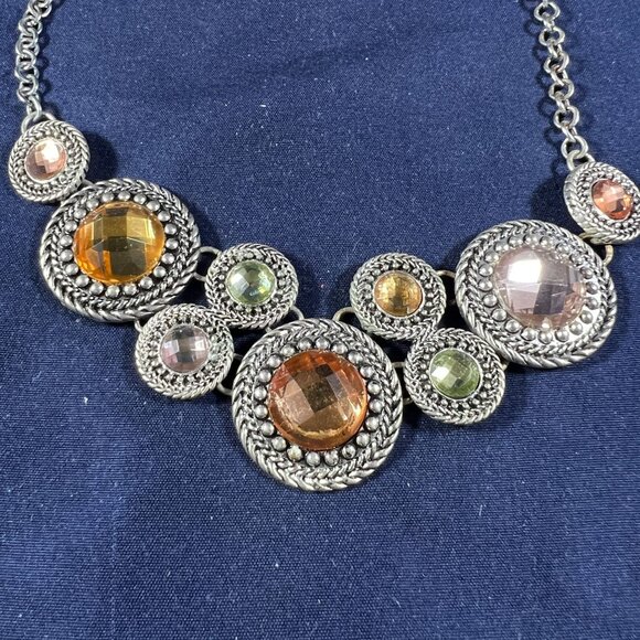 Premier Designs Chiffon Necklace W/ Silver Chain & Round Multicolor Rhinestones - Picture 3 of 3